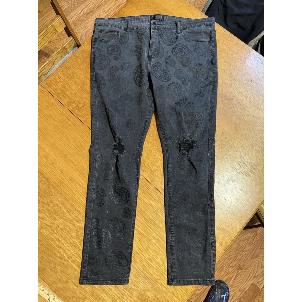 THRT Jeans Mens 42x32 Black Paisley Skinny Distressed Stretch Denim Pants